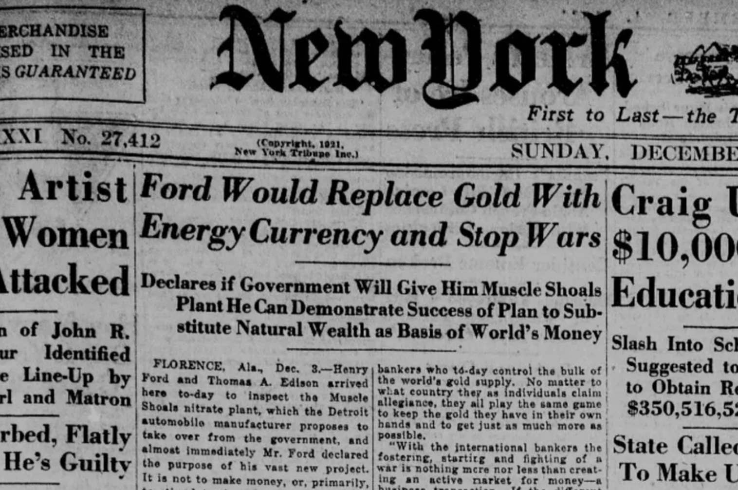 Front page of the New York Tribune dated Sunday December 4 1921 showing Ford Would Replace Gold With Energy Currency and Stop Wars headline